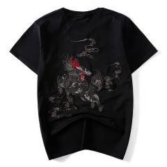 customized Women’s Black Qilin Embroidered T-Shirt – Chinese Mythical Beast Short Sleeve Tee