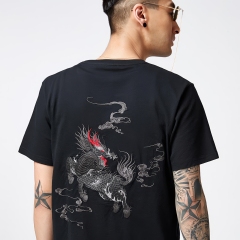 customized Women’s Black Qilin Embroidered T-Shirt – Chinese Mythical Beast Short Sleeve Tee