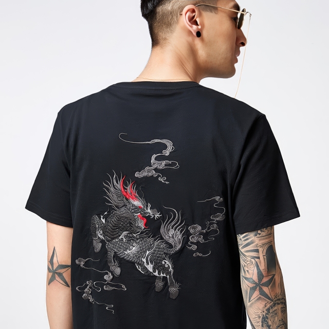 customized Women’s Black Qilin Embroidered T-Shirt – Chinese Mythical Beast Short Sleeve Tee