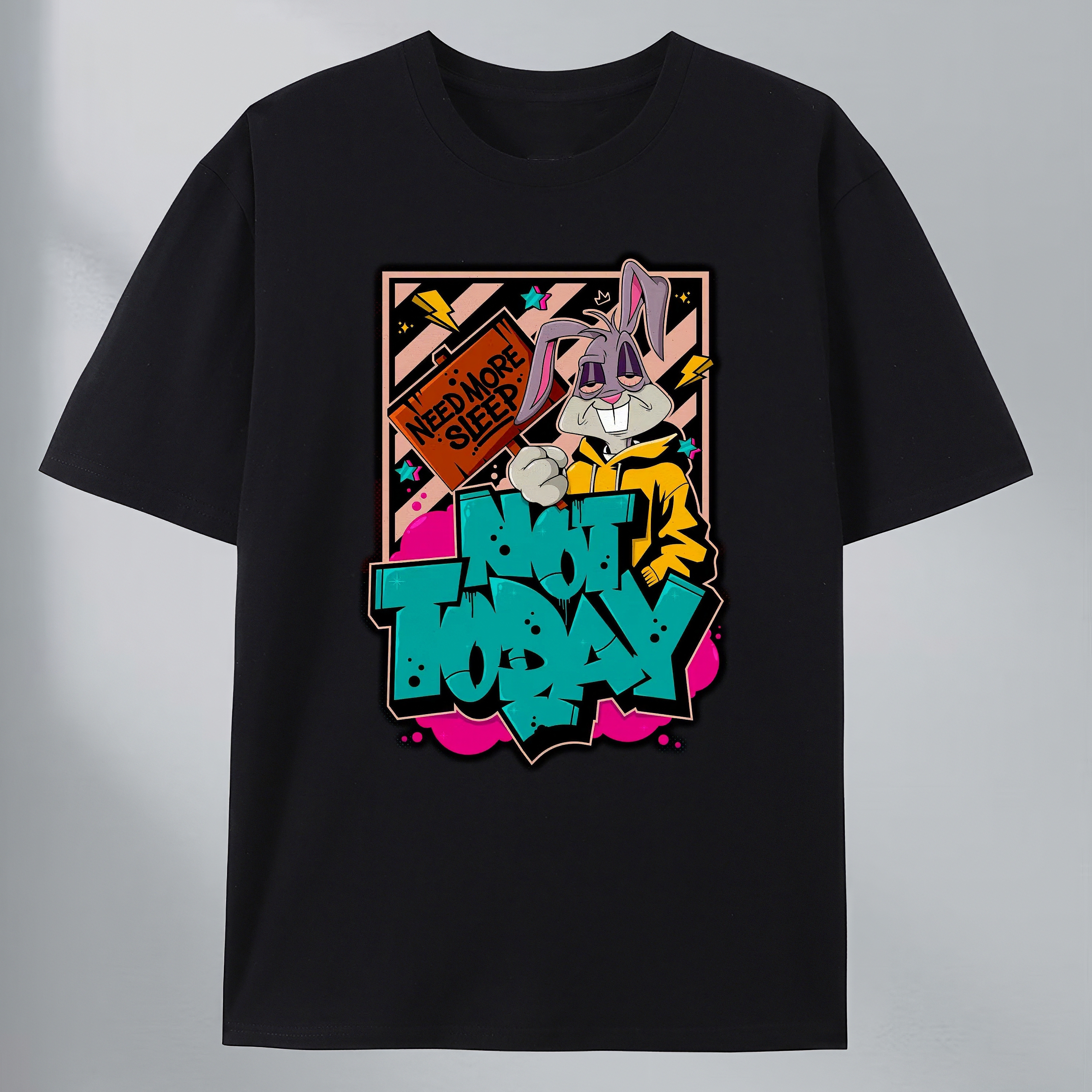 customized Women’s Not Today Graffiti Rabbit Graphic T-Shirt – Black Streetwear Cartoon Tee