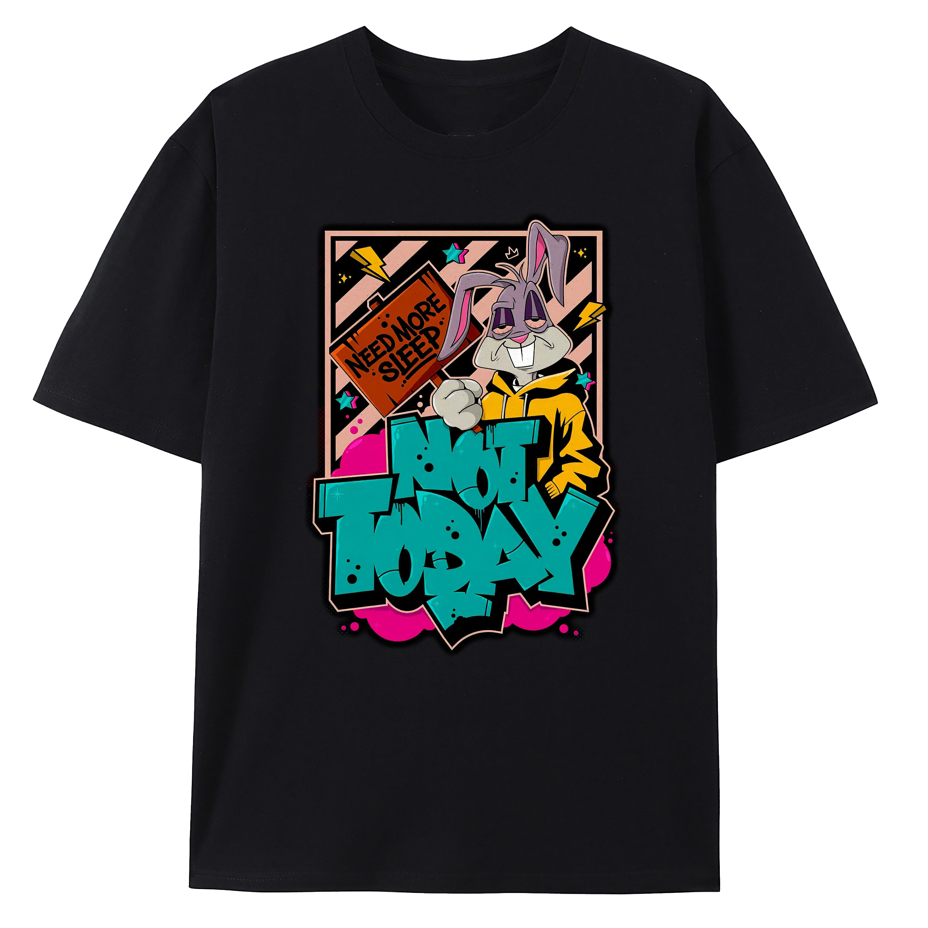 customized Women’s Not Today Graffiti Rabbit Graphic T-Shirt – Black Streetwear Cartoon Tee