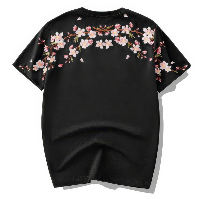 customized Women’s Men’s Men’s Black Sakura Blossom Print T-Shirt (Cherry Blossom Floral Back Design Tee)
