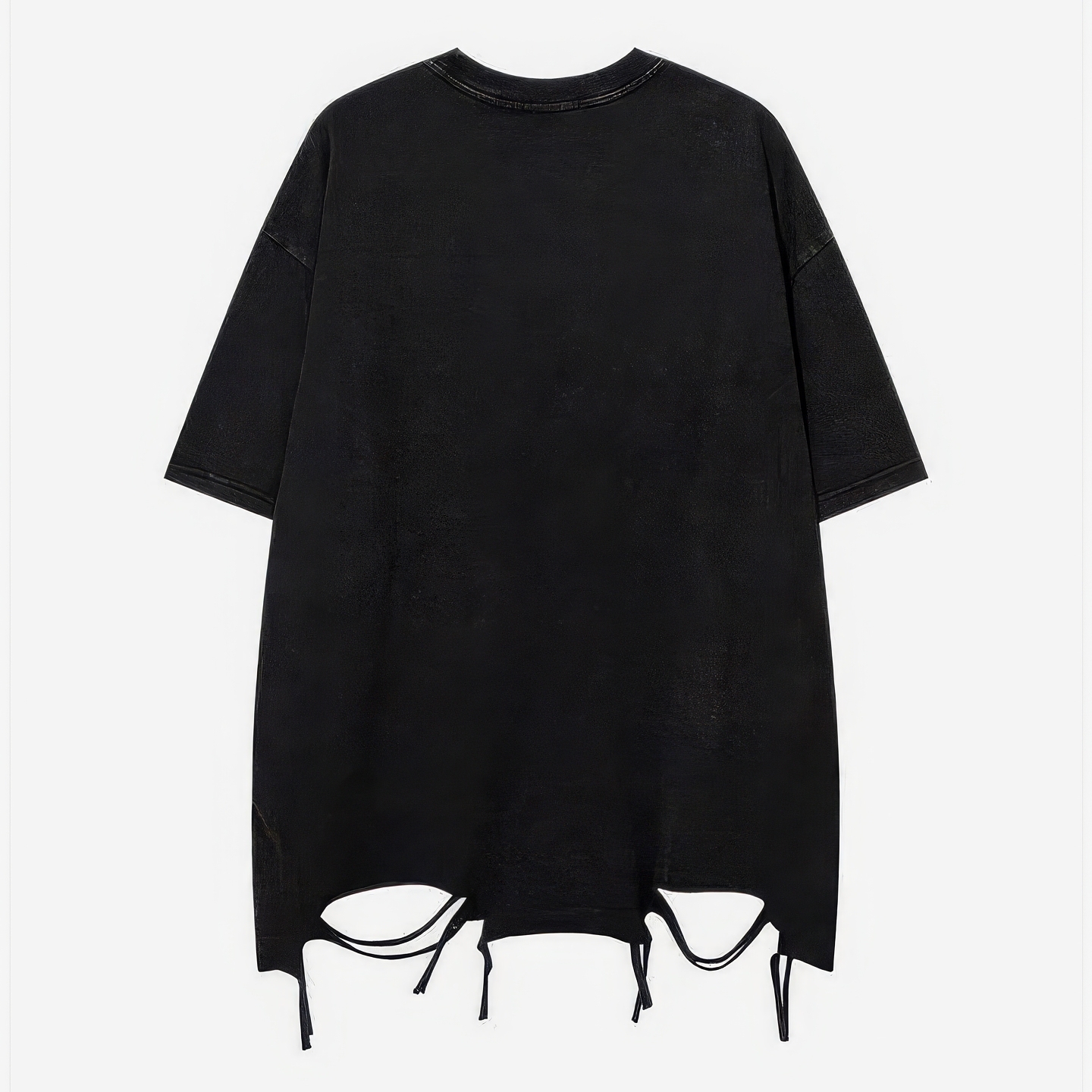 customized Women’s Men’s Black Oversized Star Patch T-Shirt (Distressed Hem Drawstring Streetwear Tee)