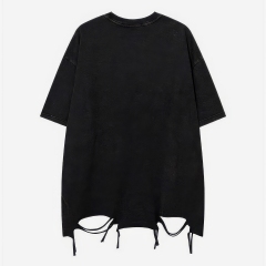 customized Women’s Men’s Black Oversized Star Patch T-Shirt (Distressed Hem Drawstring Streetwear Tee)
