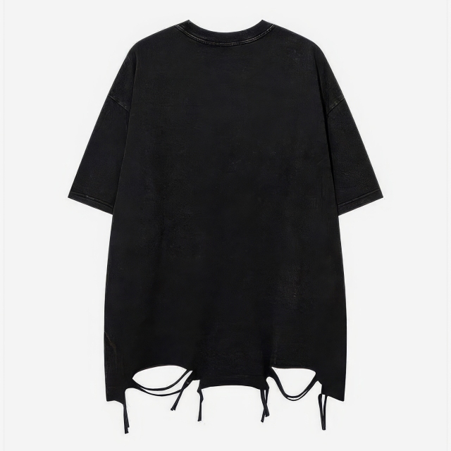 customized Women’s Men’s Black Oversized Star Patch T-Shirt (Distressed Hem Drawstring Streetwear Tee)