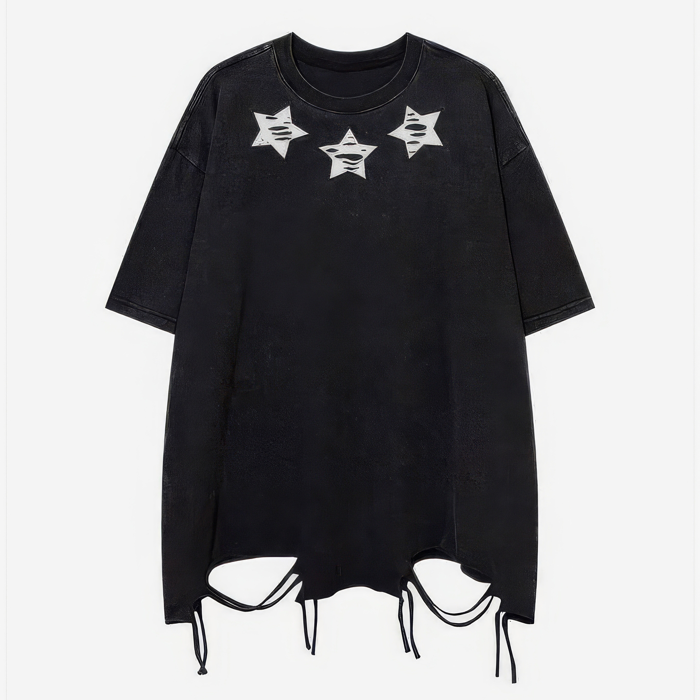 customized Women’s Men’s Black Oversized Star Patch T-Shirt (Distressed Hem Drawstring Streetwear Tee)