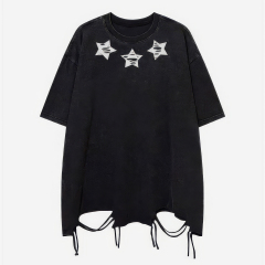 customized Women’s Men’s Black Oversized Star Patch T-Shirt (Distressed Hem Drawstring Streetwear Tee)