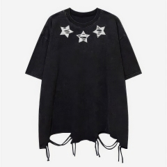 customized Women’s Men’s Black Oversized Star Patch T-Shirt (Distressed Hem Drawstring Streetwear Tee)