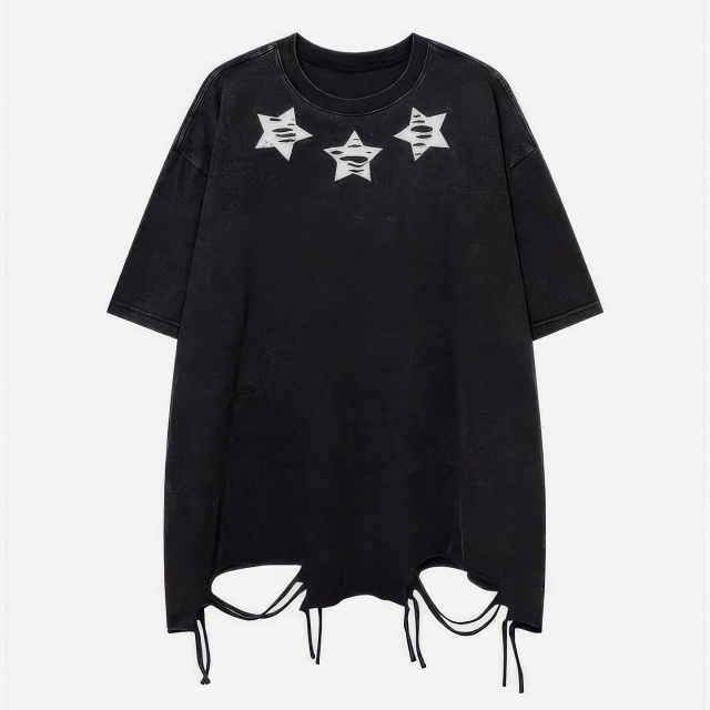 customized Women’s Men’s Black Oversized Star Patch T-Shirt (Distressed Hem Drawstring Streetwear Tee)