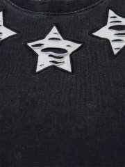 customized Women’s Men’s Black Oversized Star Patch T-Shirt (Distressed Hem Drawstring Streetwear Tee)