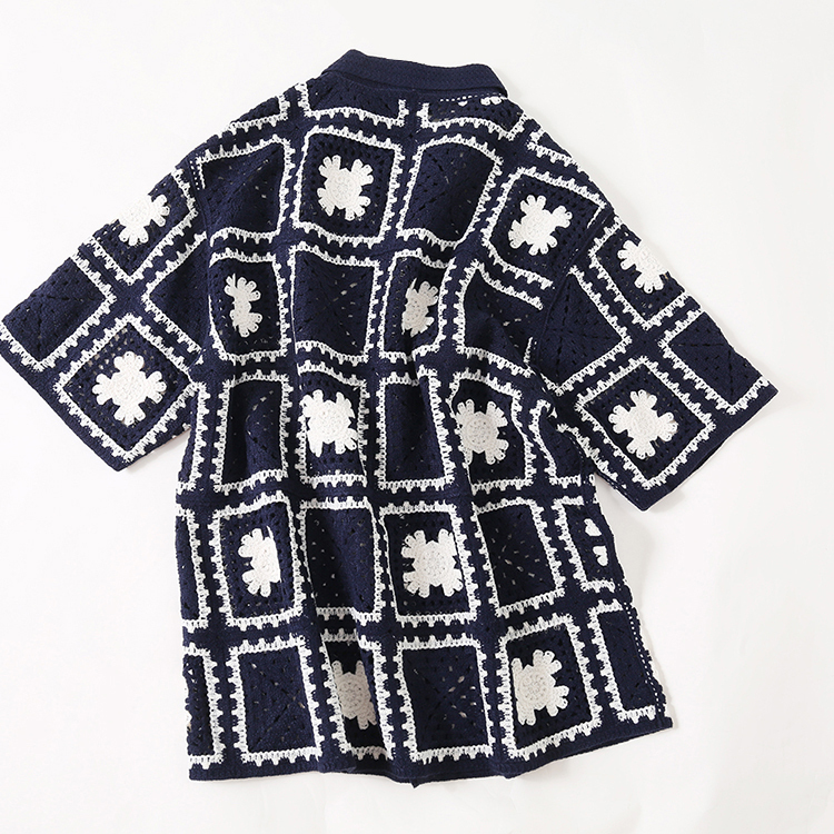 Made-to-order Men’s Navy Crochet Square Pattern Short-Sleeve Button-Up Shirt