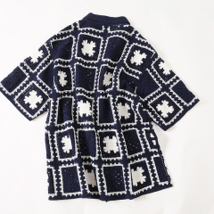 Made-to-order Men’s Navy Crochet Square Pattern Short-Sleeve Button-Up Shirt