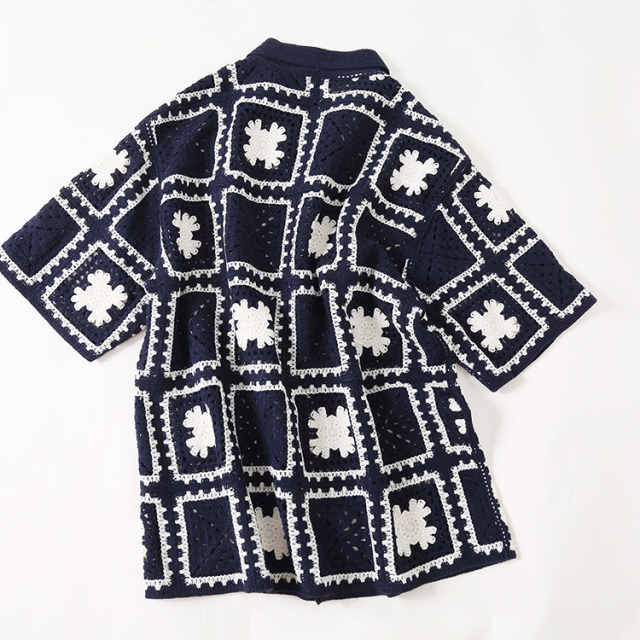 Made-to-order Men’s Navy Crochet Square Pattern Short-Sleeve Button-Up Shirt