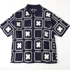 Made-to-order Men’s Navy Crochet Square Pattern Short-Sleeve Button-Up Shirt