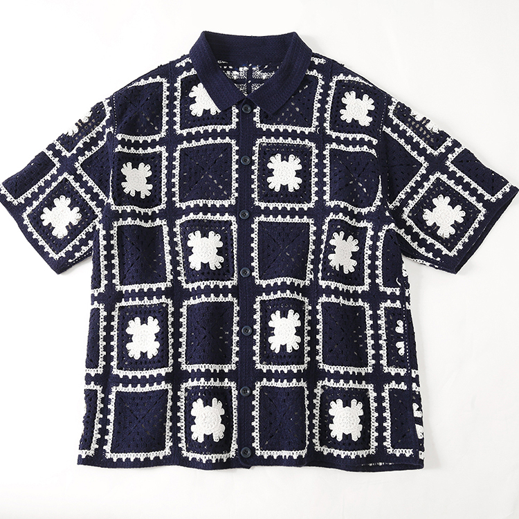 Made-to-order Men’s Navy Crochet Square Pattern Short-Sleeve Button-Up Shirt