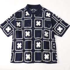 Made-to-order Men’s Navy Crochet Square Pattern Short-Sleeve Button-Up Shirt
