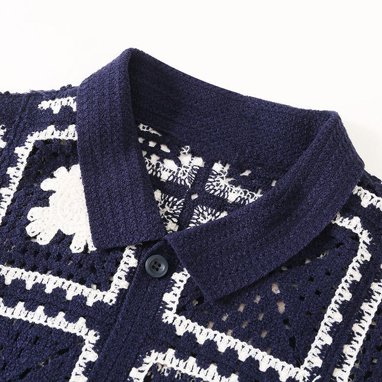 Made-to-order Men’s Navy Crochet Square Pattern Short-Sleeve Button-Up Shirt