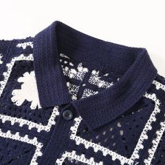 Made-to-order Men’s Navy Crochet Square Pattern Short-Sleeve Button-Up Shirt