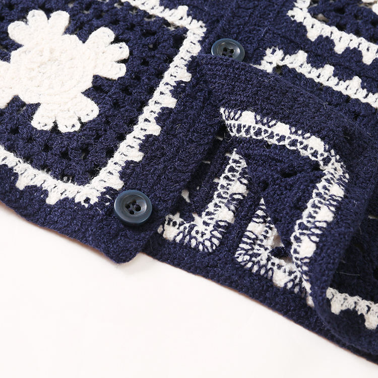Made-to-order Men’s Navy Crochet Square Pattern Short-Sleeve Button-Up Shirt