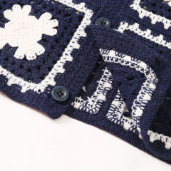 Made-to-order Men’s Navy Crochet Square Pattern Short-Sleeve Button-Up Shirt