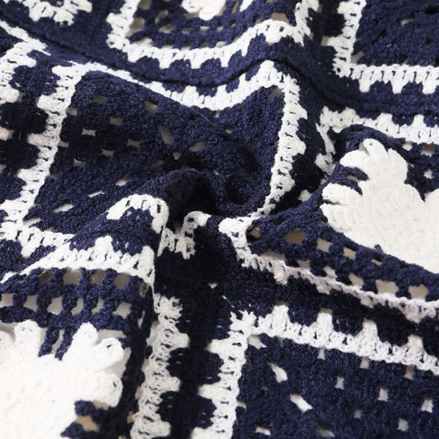 Made-to-order Men’s Navy Crochet Square Pattern Short-Sleeve Button-Up Shirt