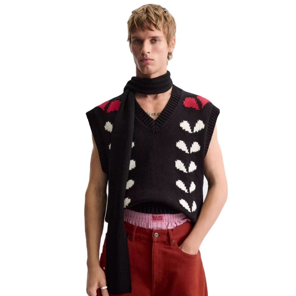 customized Men’s Black Knit V-Neck Sleeveless Sweater Vest with Graphic Pattern