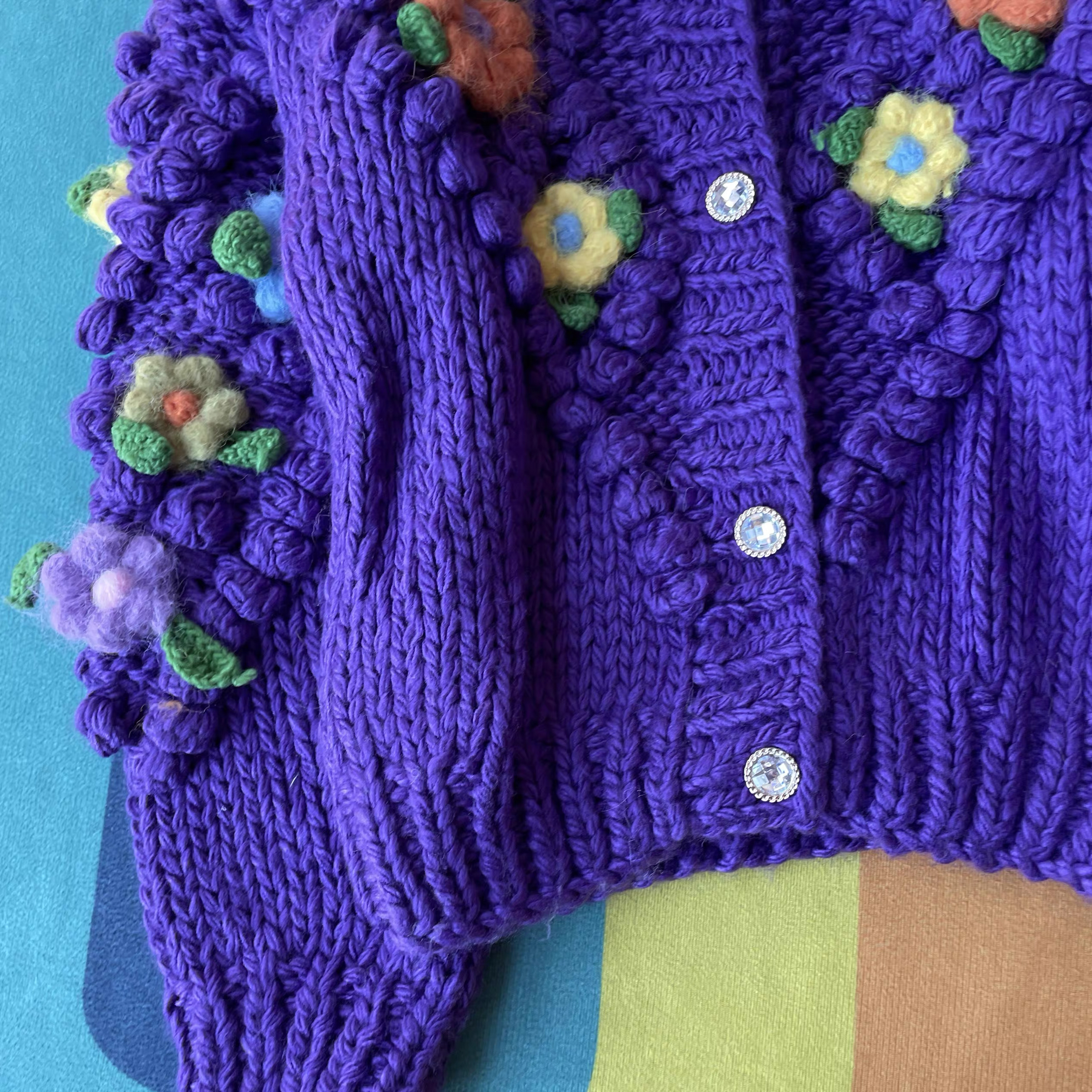 customized Men’s Women’s Purple Hand-Knitted Floral Cardigan – 3D Crochet Flower Chunky Knit Sweater