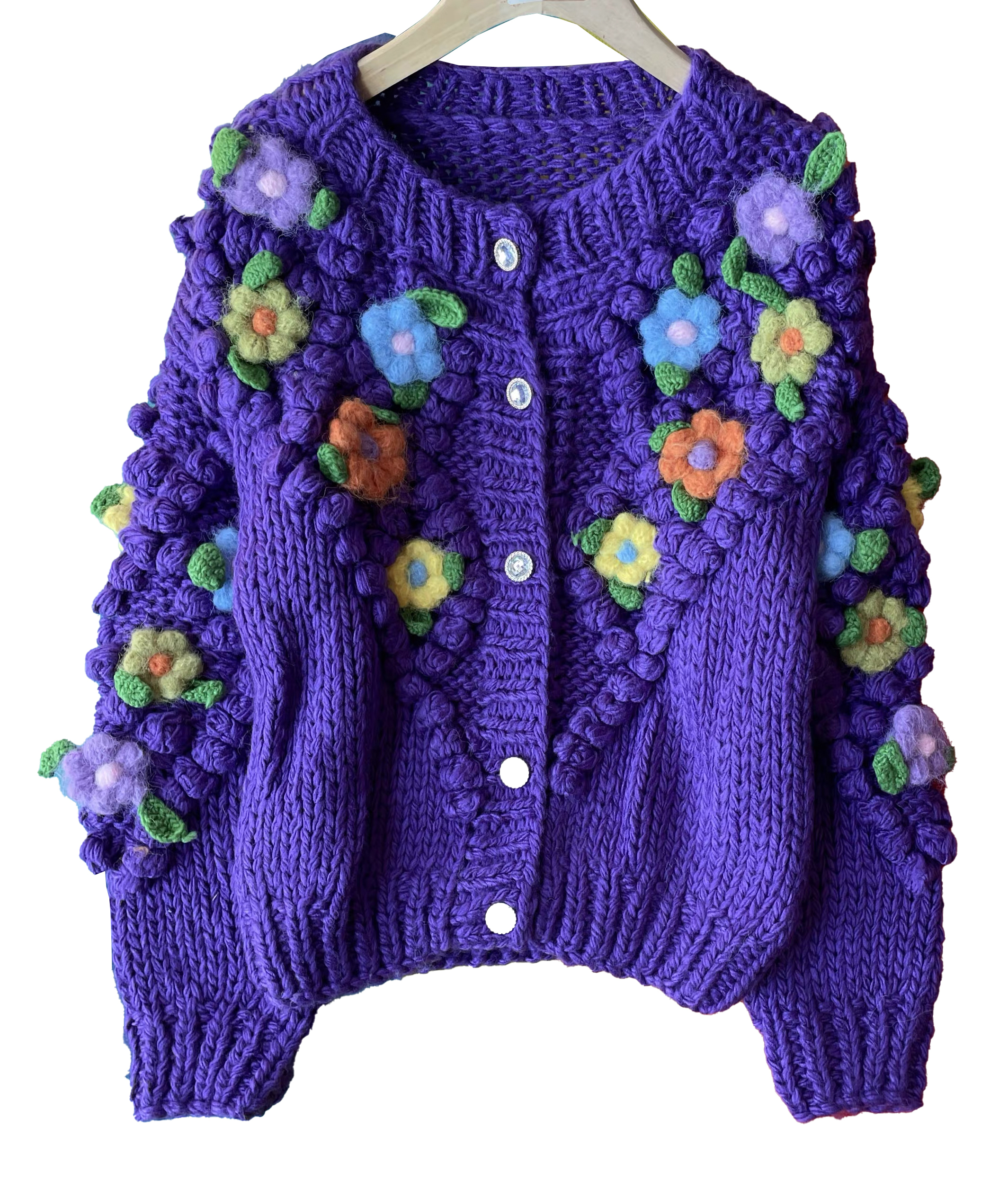customized Men’s Women’s Purple Hand-Knitted Floral Cardigan – 3D Crochet Flower Chunky Knit Sweater