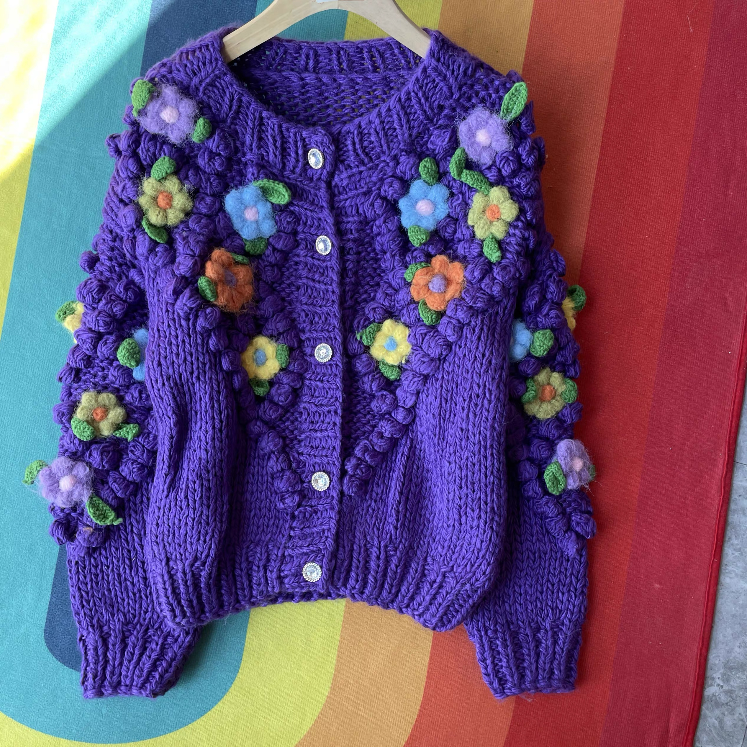 customized Men’s Women’s Purple Hand-Knitted Floral Cardigan – 3D Crochet Flower Chunky Knit Sweater