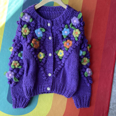 customized Men’s Women’s Purple Hand-Knitted Floral Cardigan – 3D Crochet Flower Chunky Knit Sweater