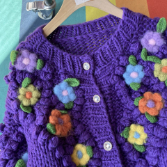 customized Men’s Women’s Purple Hand-Knitted Floral Cardigan – 3D Crochet Flower Chunky Knit Sweater
