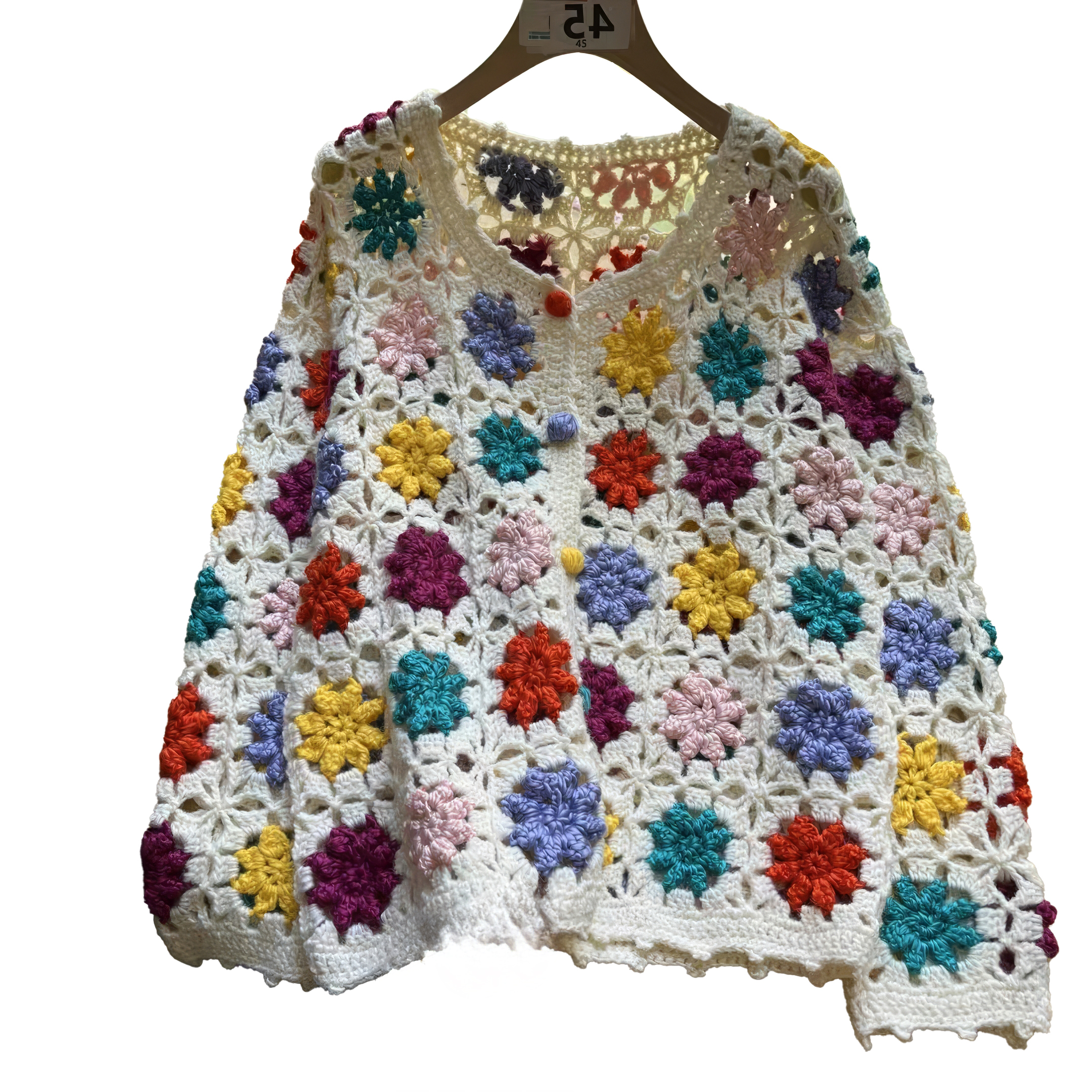 customized Men’s Women’s Multicolor Floral Crochet Knit Sweater – Handmade Open-Knit Boho Pullover