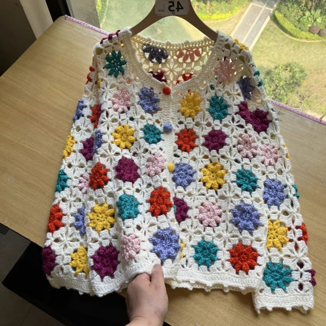 customized Men’s Women’s Multicolor Floral Crochet Knit Sweater – Handmade Open-Knit Boho Pullover