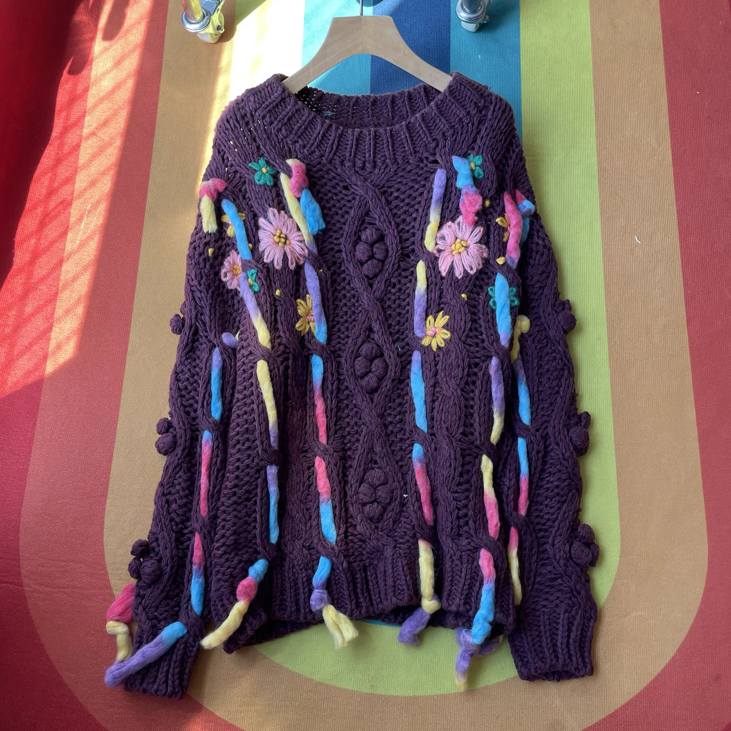 customized Men’s Women’s Multicolor Floral Crochet Knit Sweater – Handmade Open-Knit Boho Pullover