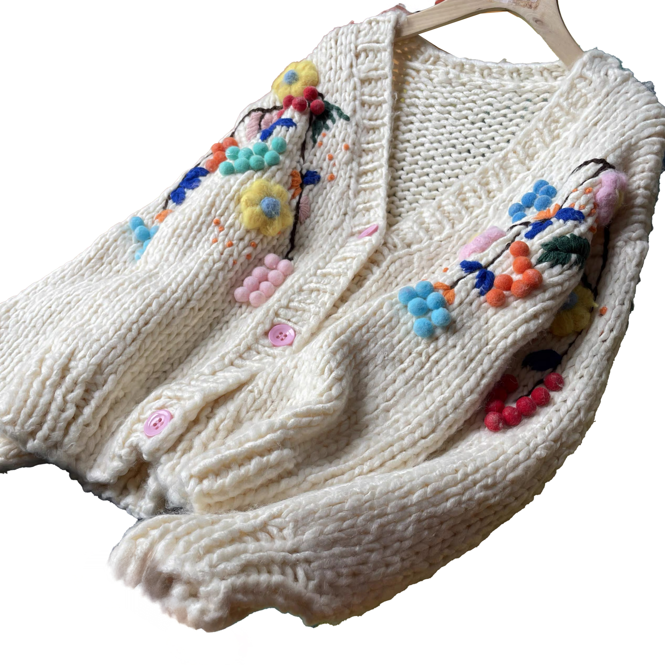 customized Men’s Women’s Cream Handmade Chunky Knit Cardigan – 3D Pom-Pom Floral Button-Up Sweater