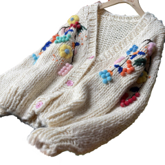 customized Men’s Women’s Cream Handmade Chunky Knit Cardigan – 3D Pom-Pom Floral Button-Up Sweater