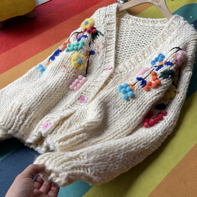 customized Men’s Women’s Cream Handmade Chunky Knit Cardigan – 3D Pom-Pom Floral Button-Up Sweater