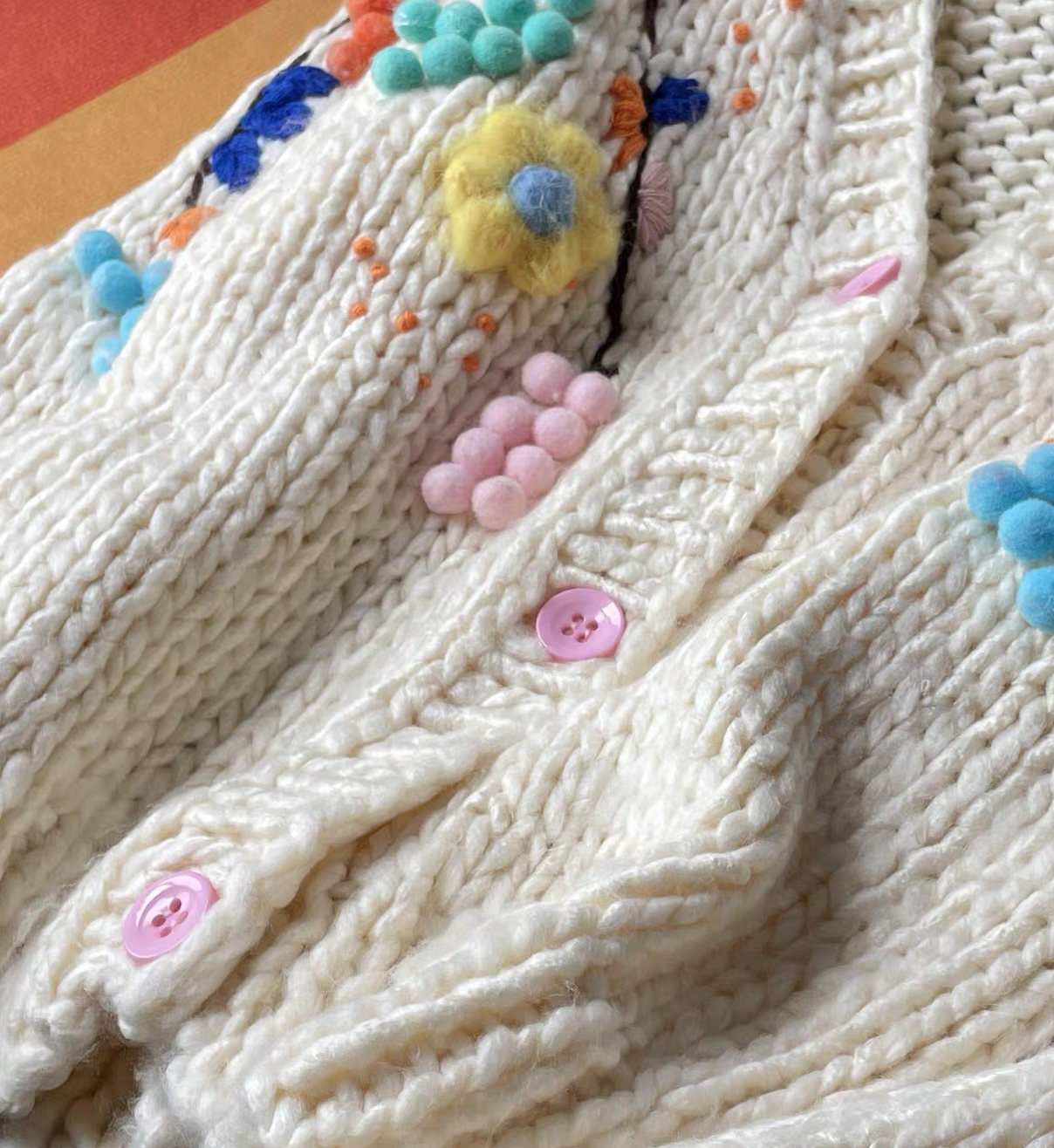 customized Men’s Women’s Cream Handmade Chunky Knit Cardigan – 3D Pom-Pom Floral Button-Up Sweater