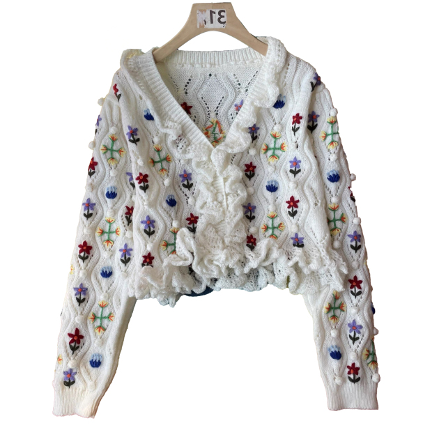 customized Men’s Women’s Women’s White Floral Embroidered Ruffle Knit Cardigan – Vintage Cropped V-Neck Sweater