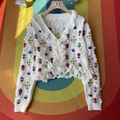customized Men’s Women’s Women’s White Floral Embroidered Ruffle Knit Cardigan – Vintage Cropped V-Neck Sweater