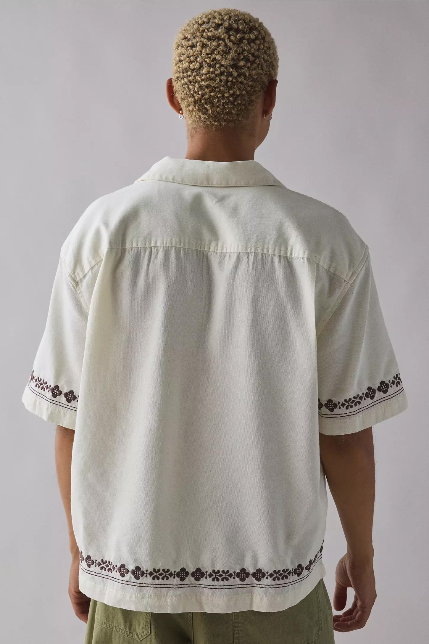 Made-to-order Men’s Cream Embroidered Short Sleeve Button-Up Shirt – Vintage Casual Summer Shirt