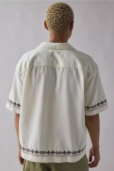 Made-to-order Men’s Cream Embroidered Short Sleeve Button-Up Shirt – Vintage Casual Summer Shirt