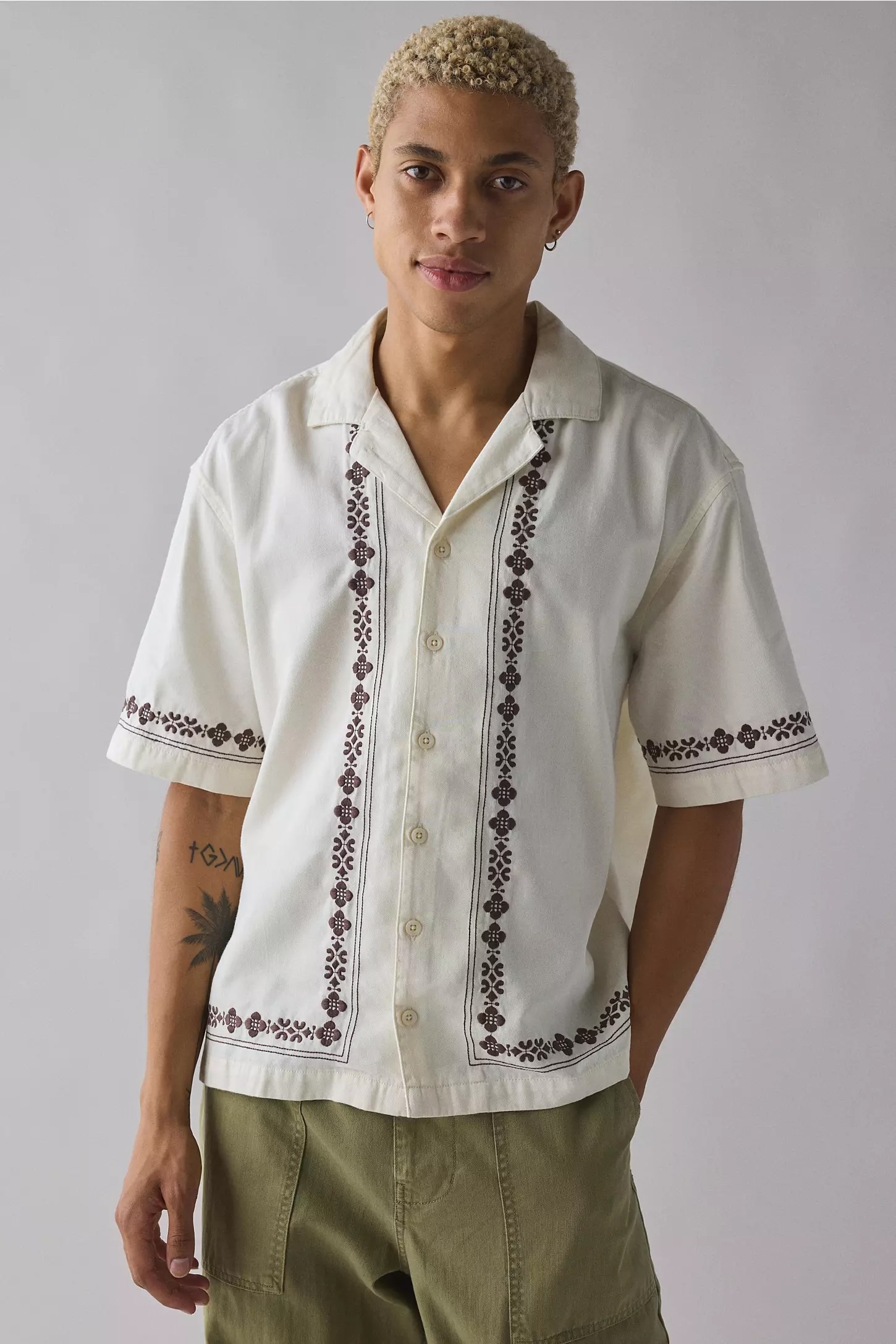 Made-to-order Men’s Cream Embroidered Short Sleeve Button-Up Shirt – Vintage Casual Summer Shirt