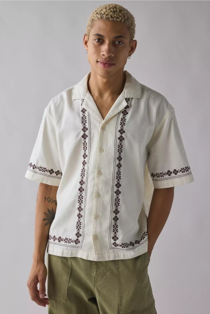 Made-to-order Men’s Cream Embroidered Short Sleeve Button-Up Shirt – Vintage Casual Summer Shirt