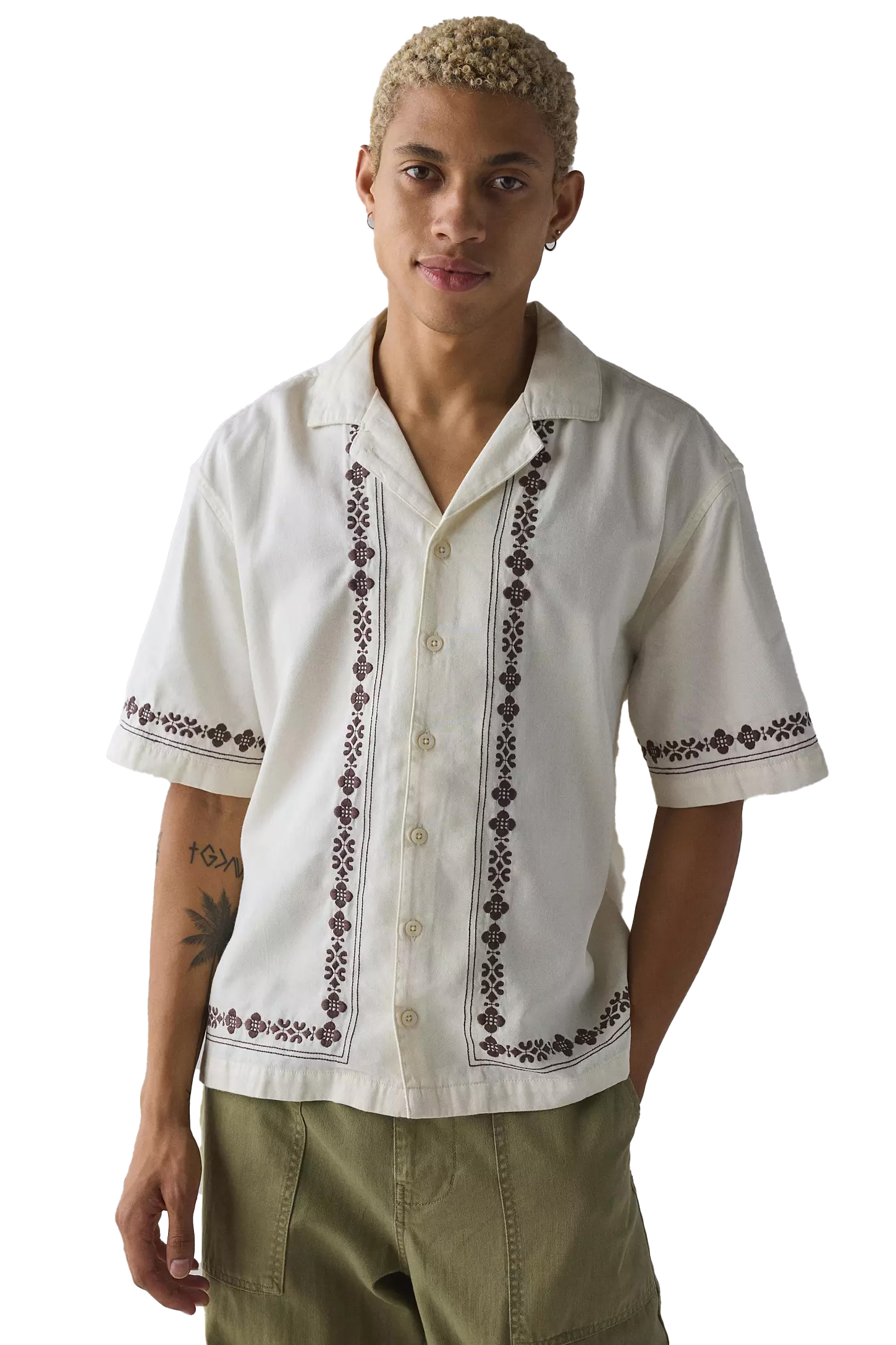 Made-to-order Men’s Cream Embroidered Short Sleeve Button-Up Shirt – Vintage Casual Summer Shirt