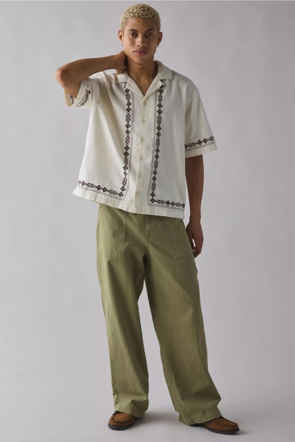 Made-to-order Men’s Cream Embroidered Short Sleeve Button-Up Shirt – Vintage Casual Summer Shirt