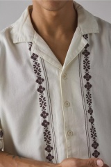 Made-to-order Men’s Cream Embroidered Short Sleeve Button-Up Shirt – Vintage Casual Summer Shirt