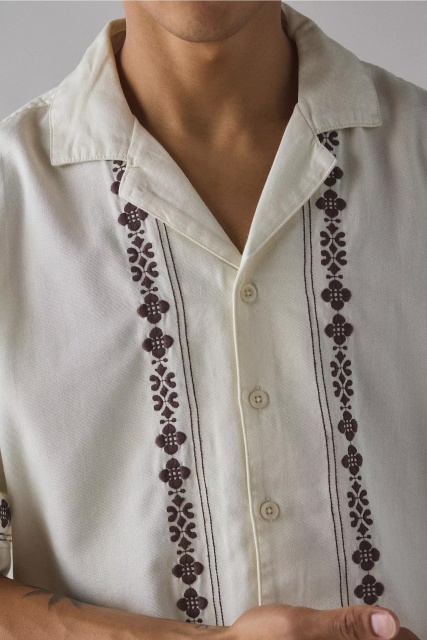 Made-to-order Men’s Cream Embroidered Short Sleeve Button-Up Shirt – Vintage Casual Summer Shirt