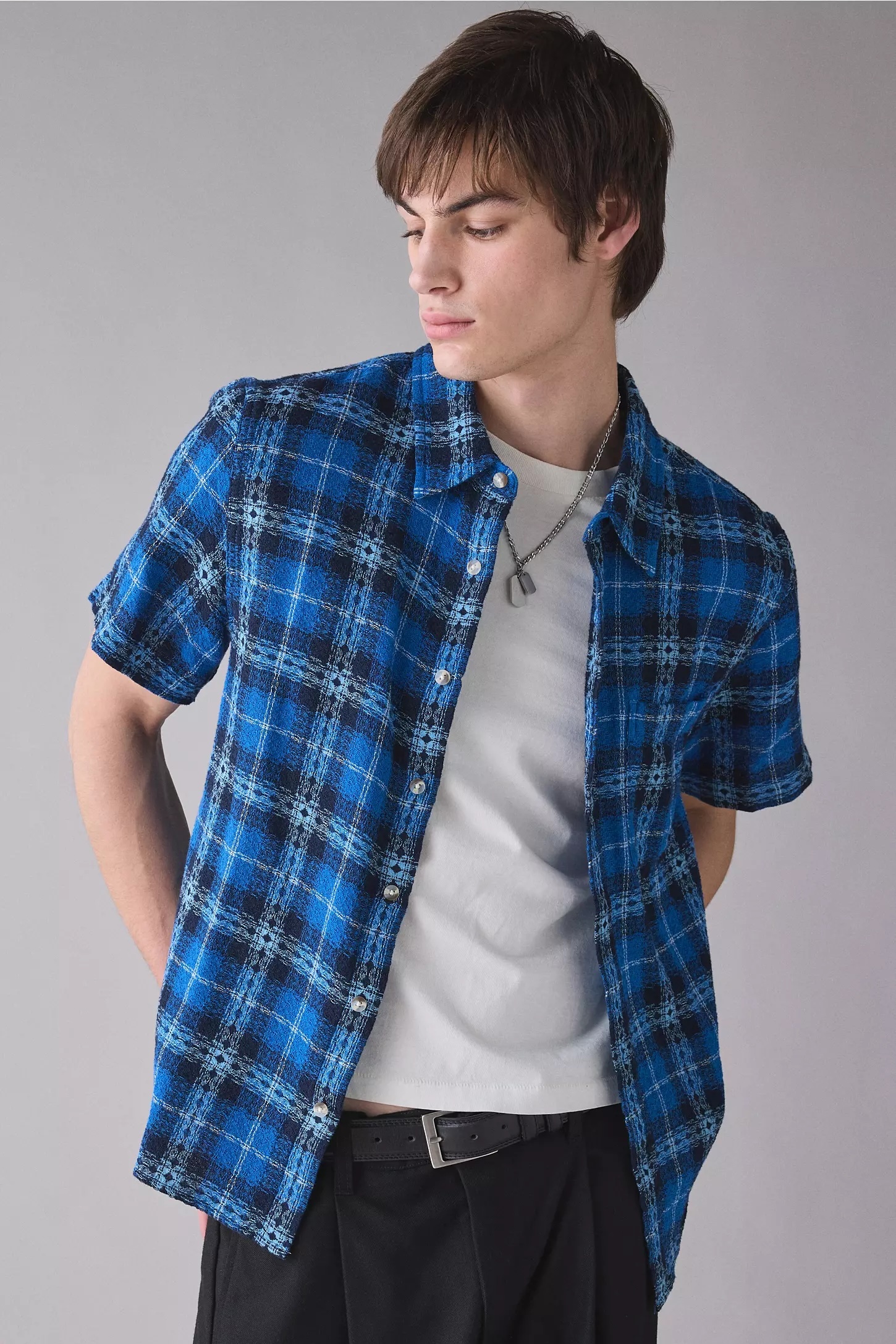 Personalized  Men’s Blue Plaid Short Sleeve Button-Up Shirt – Casual Vintage Check Shirt