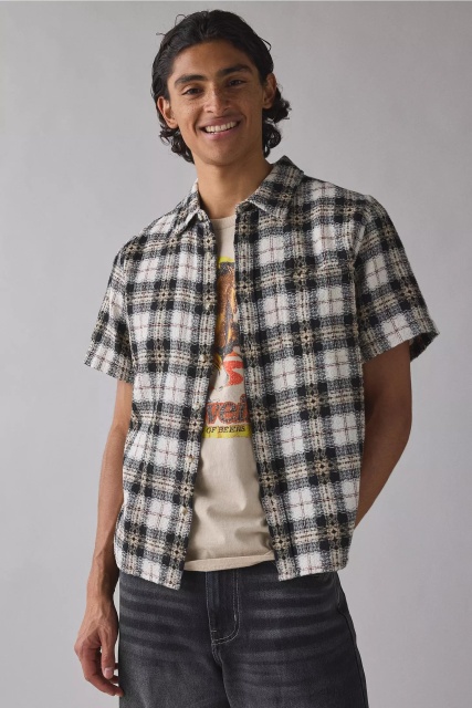 Personalized  Men’s Blue Plaid Short Sleeve Button-Up Shirt – Casual Vintage Check Shirt